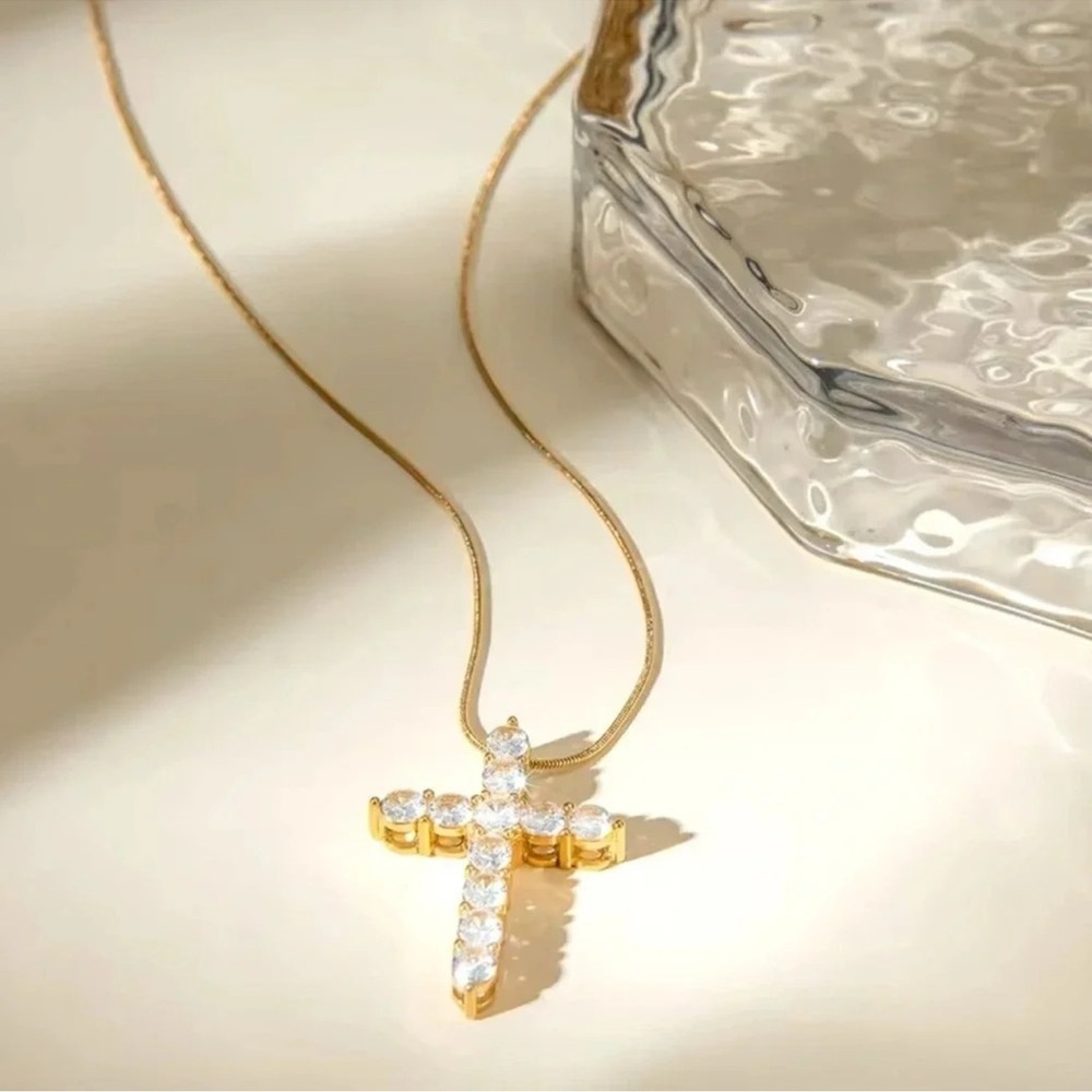 Diamond Cross Gold Stainless Steel Waterproof Necklace
